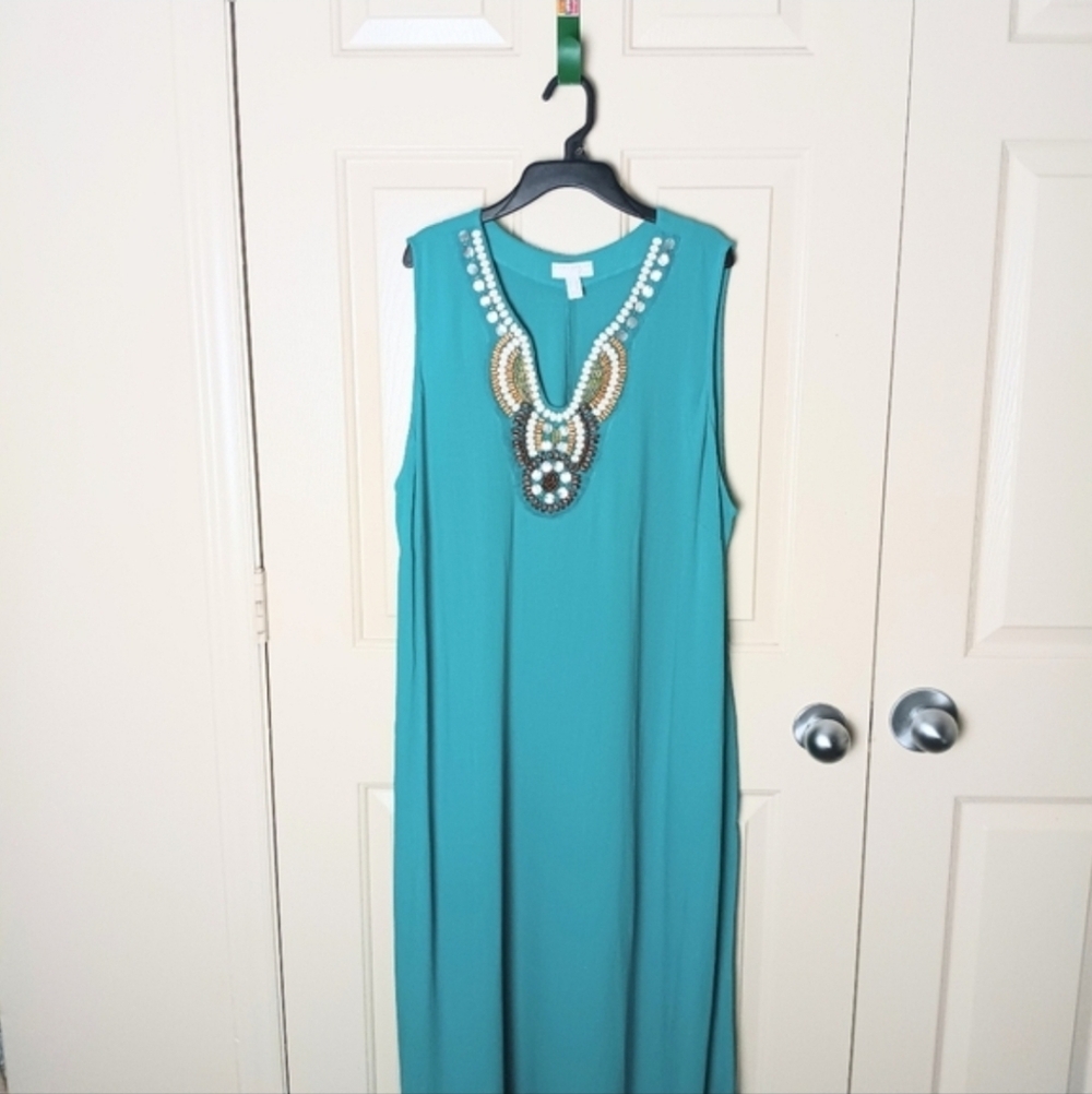 Vintage Susan Graver Women Linen Blend Beach Teal Green Maxi Dress Size 2X